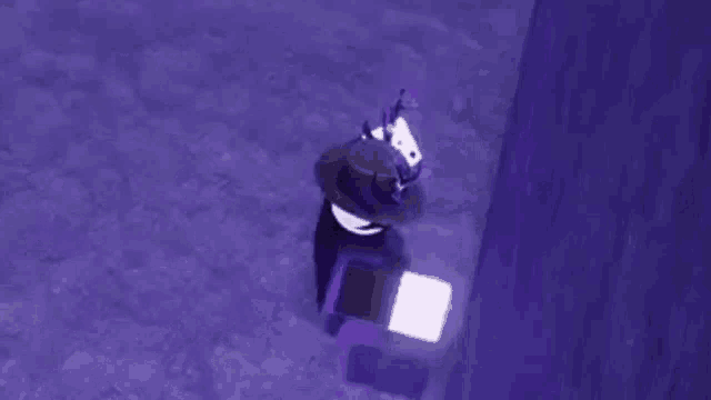a roblox character wearing a black hat and horns is standing in a dark room .