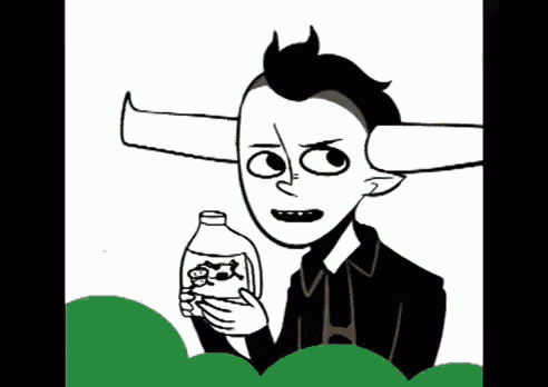 a black and white drawing of a man holding a bottle of milk