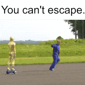 a man in a gold suit is riding a hover board next to another man in blue