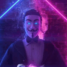 a man in a tuxedo and a mask with blue eyes is standing in front of a brick wall with neon lights .