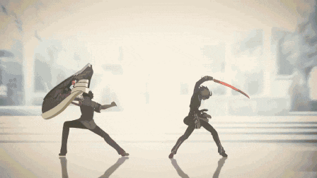 a man with a sword and shield stands next to another man with a sword