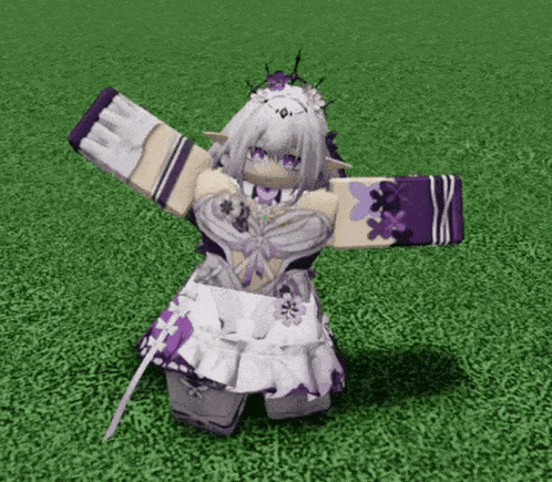 a girl with white hair and purple eyes is standing in the grass with her arms outstretched .