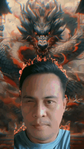 a man is taking a picture of himself with a dragon behind him