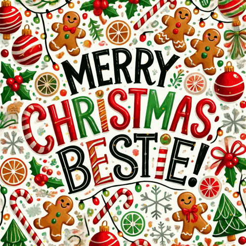 a merry christmas bestie greeting card with gingerbread men