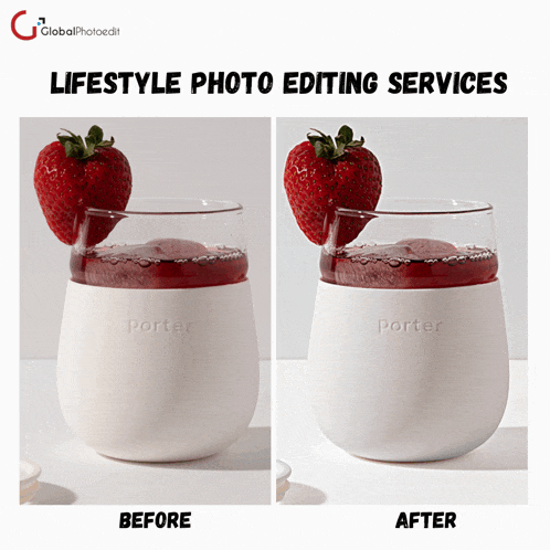 a before and after photo of a strawberry in a glass