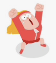 a cartoon character in a red superhero costume is jumping in the air with his arms in the air .