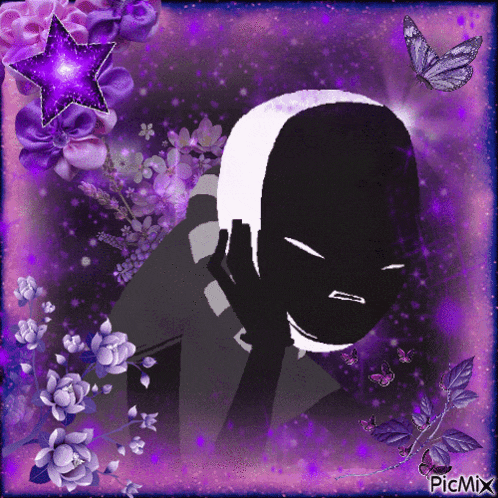 a picture of a person with purple flowers and butterflies with picmix in the corner