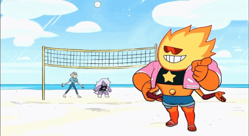 a cartoon character is giving a thumbs up while playing volleyball