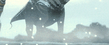 a dinosaur is standing in the snow with a blurred background