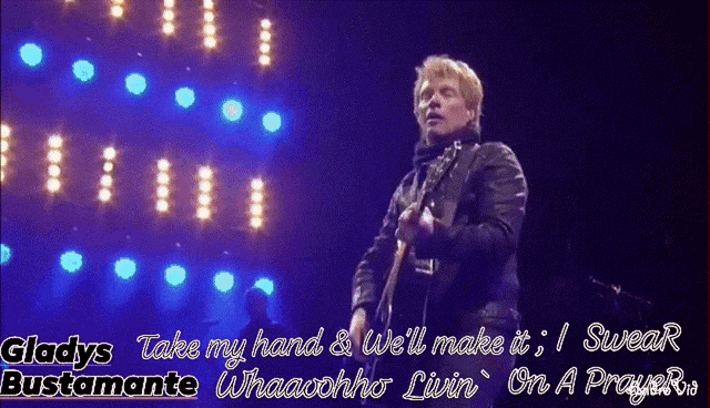 a man playing a guitar on a stage with the words gladys bustamante on the bottom