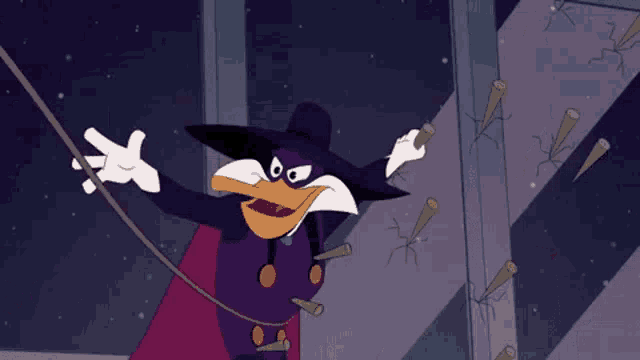a cartoon character is wearing a purple hat and gloves and is dancing .