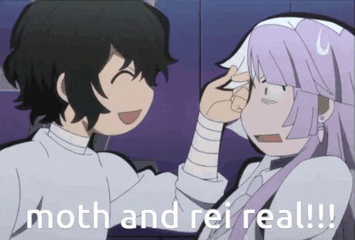 a cartoon of a boy and a girl with the words moth and rei real