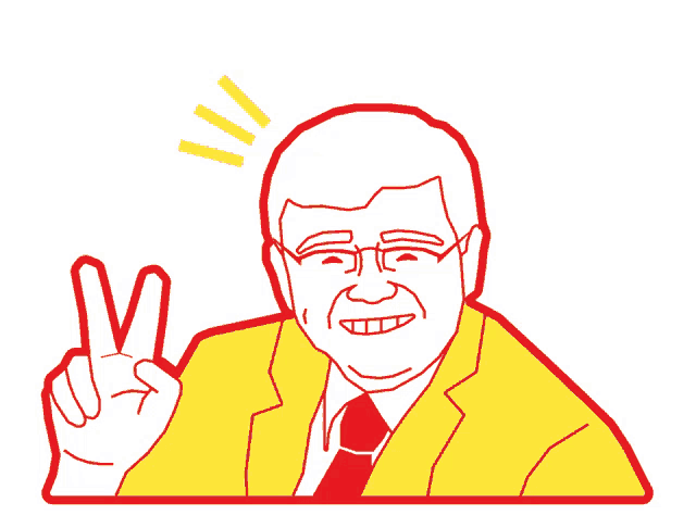 a drawing of a man in a yellow suit and tie giving a peace sign
