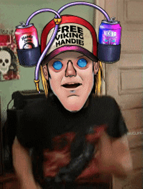 a man wearing a hat that says " free viking handles "
