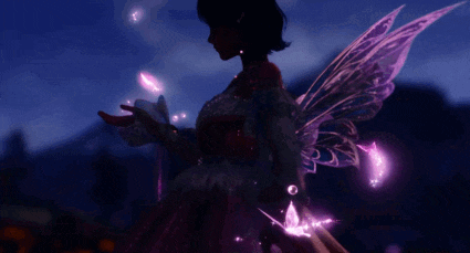a fairy with purple wings is holding a butterfly in her hand