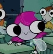 a girl with pink hair is sitting at a desk in a classroom with other cartoon characters .