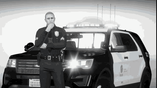 a black and white photo of a police officer standing next to a police car