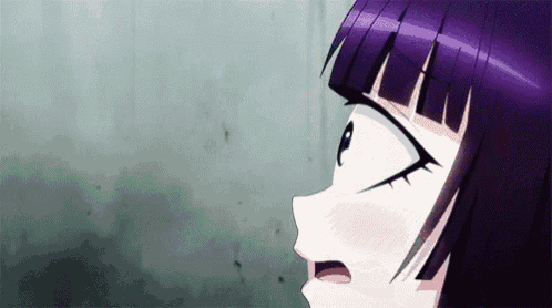 a close up of a purple haired anime girl 's face with a surprised look on her face .