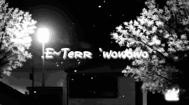 a black and white photo of a house and trees with the words enterr wowowo