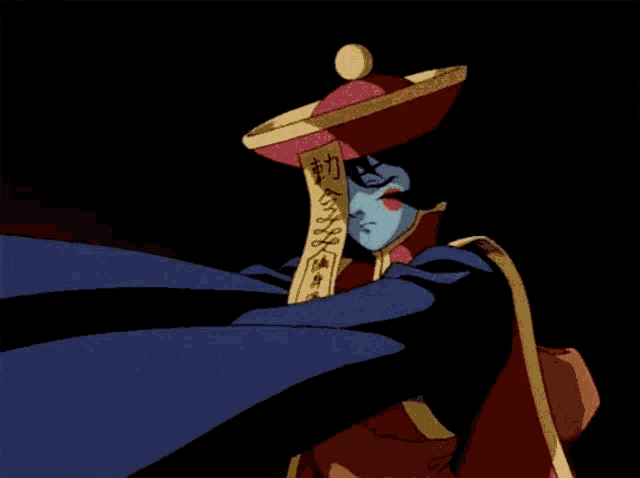 a cartoon character is wearing a red hat and holding a piece of paper with chinese writing on it