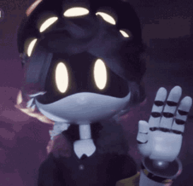 a cartoon character with glowing eyes is waving at the camera