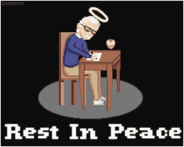 a pixel art drawing of stan lee with the words rest in peace