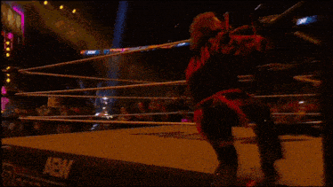 a wrestler is walking out of a wrestling ring with a sign behind him that says herman