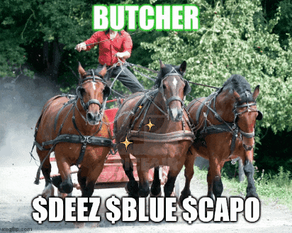 a horse drawn carriage with the words butcher $deez $blue $ capo on the bottom