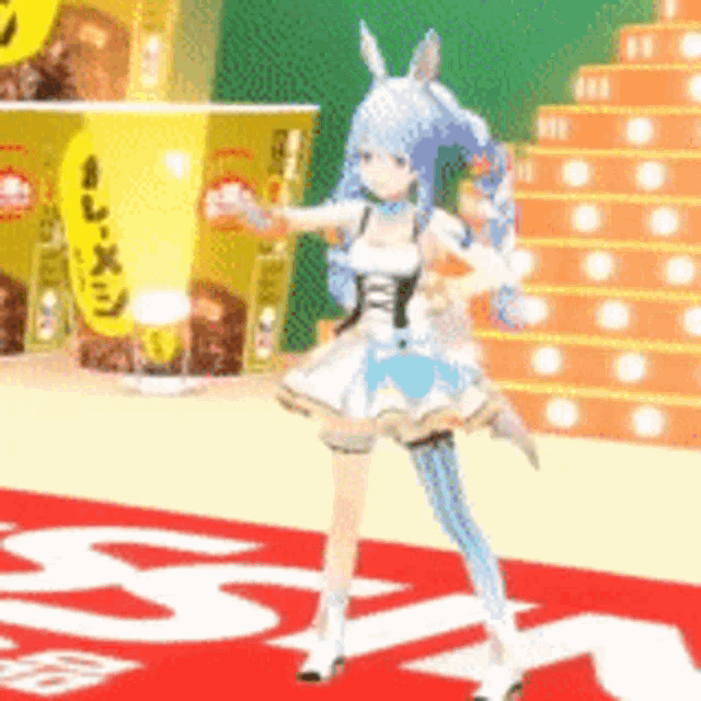 a girl with bunny ears is standing in front of a stack of boxes