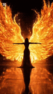 a woman in a long dress with fire wings is standing in front of a large fire .