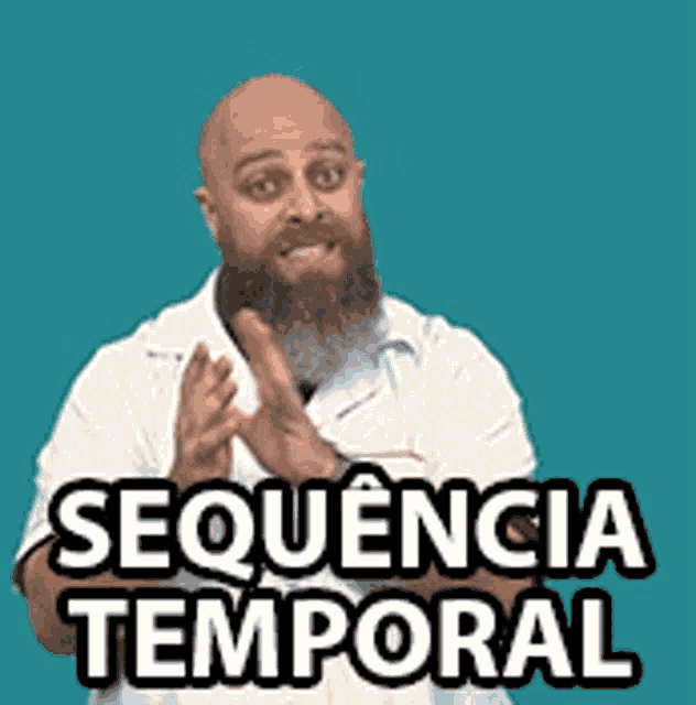 a bald man with a beard is standing in front of a blue background and says sequence temporal