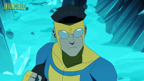a cartoon character with the word invincible on the bottom right