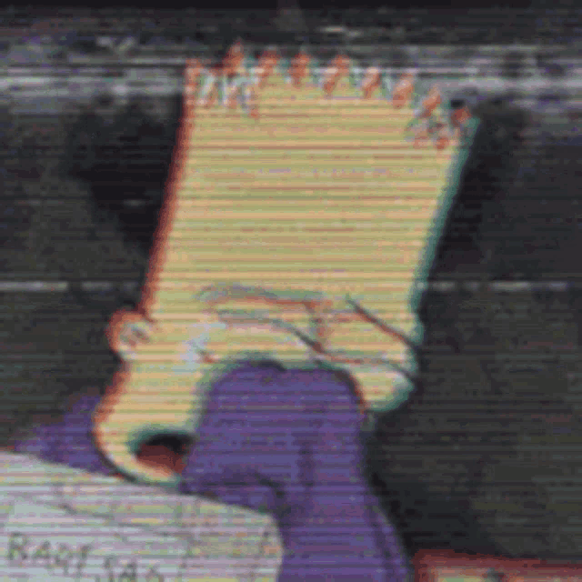 bart simpson is crying with his head in his hands and a purple shirt on .