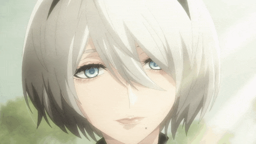 a girl with white hair and blue eyes looks at the camera