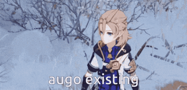 a cartoon character is standing in the snow with the words augo existing written on the bottom .