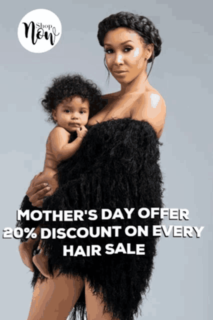 a woman in a black dress is holding a baby and the words mother 's day offer 20 % discount on every hair sale