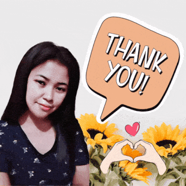 a woman stands in front of a speech bubble that reads thank you