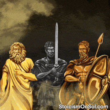 a statue of a man holding a sword and shield with the website stoicismonsol.com in the corner