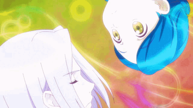 two anime characters are looking at each other in a colorful background