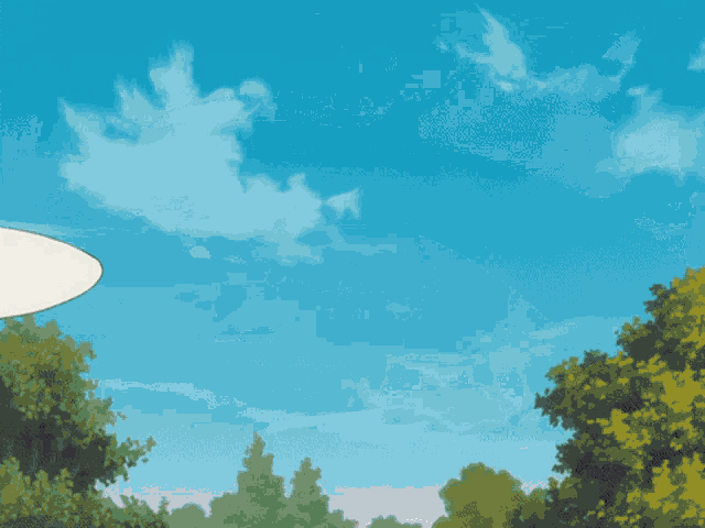 a blue sky with trees in the foreground and a white circle in the middle