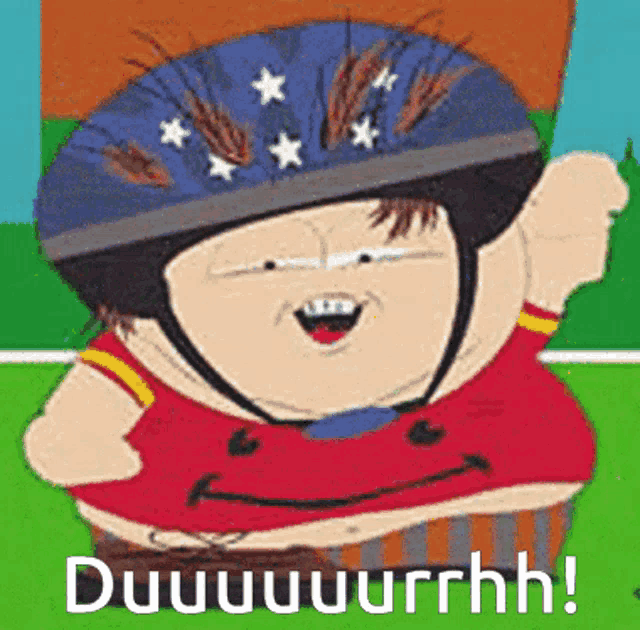 a cartoon character wearing a helmet and a red shirt says duuuuurrhhh