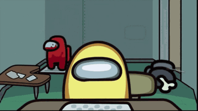 a yellow among us character is sitting at a table