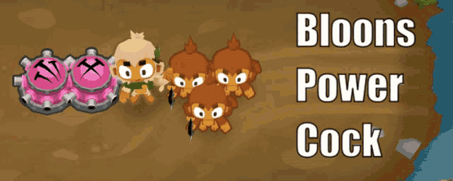 a group of monkeys standing next to each other with the words " bloons power cock " written below them