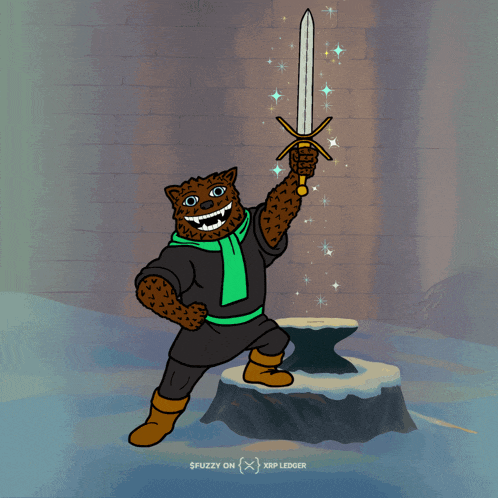 a cartoon illustration of a leopard holding a sword with the words $ fuzzy on xrp ledger below it