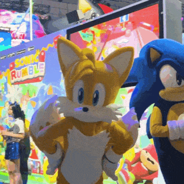 tails and sonic are standing in front of a sonic rumble banner
