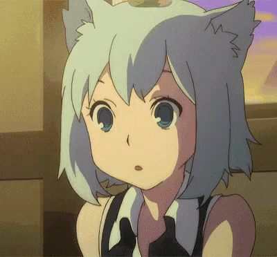 a girl with cat ears looks surprised in a cartoon