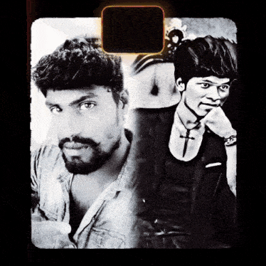 a black and white photo of a man with a beard and a man with a cross necklace