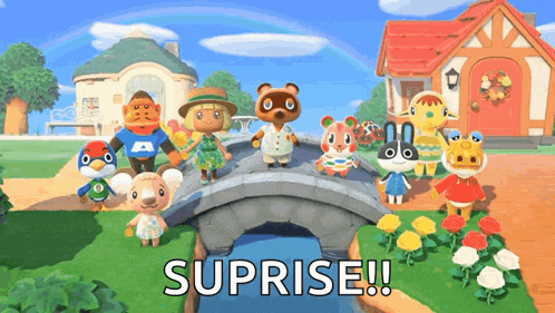 a group of animal crossing characters standing on a bridge with the words suprise written below them