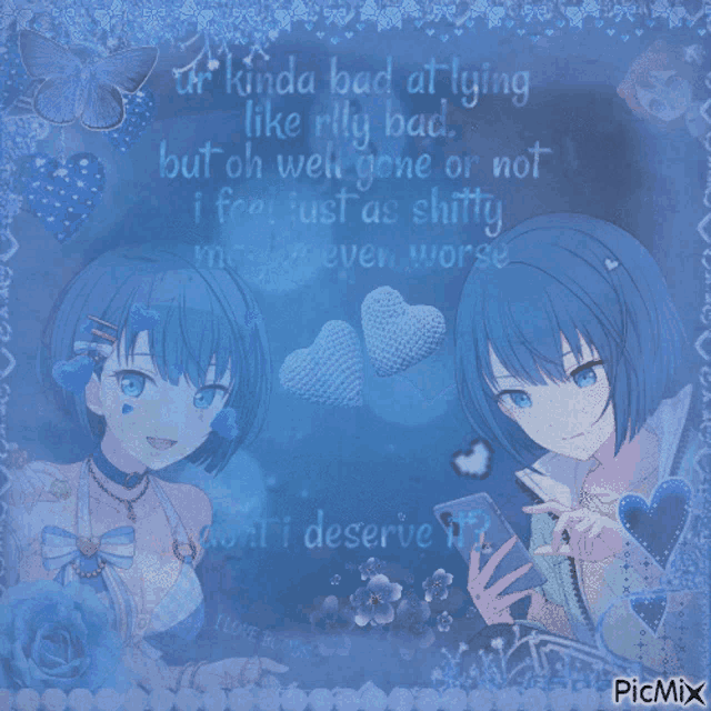 a picture of a girl with blue hair and a quote that says kinda bad at trying like rlly bad