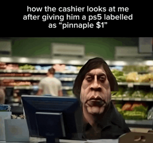 a cartoon of a man sitting in front of a computer with the caption how the cashier looks at me after